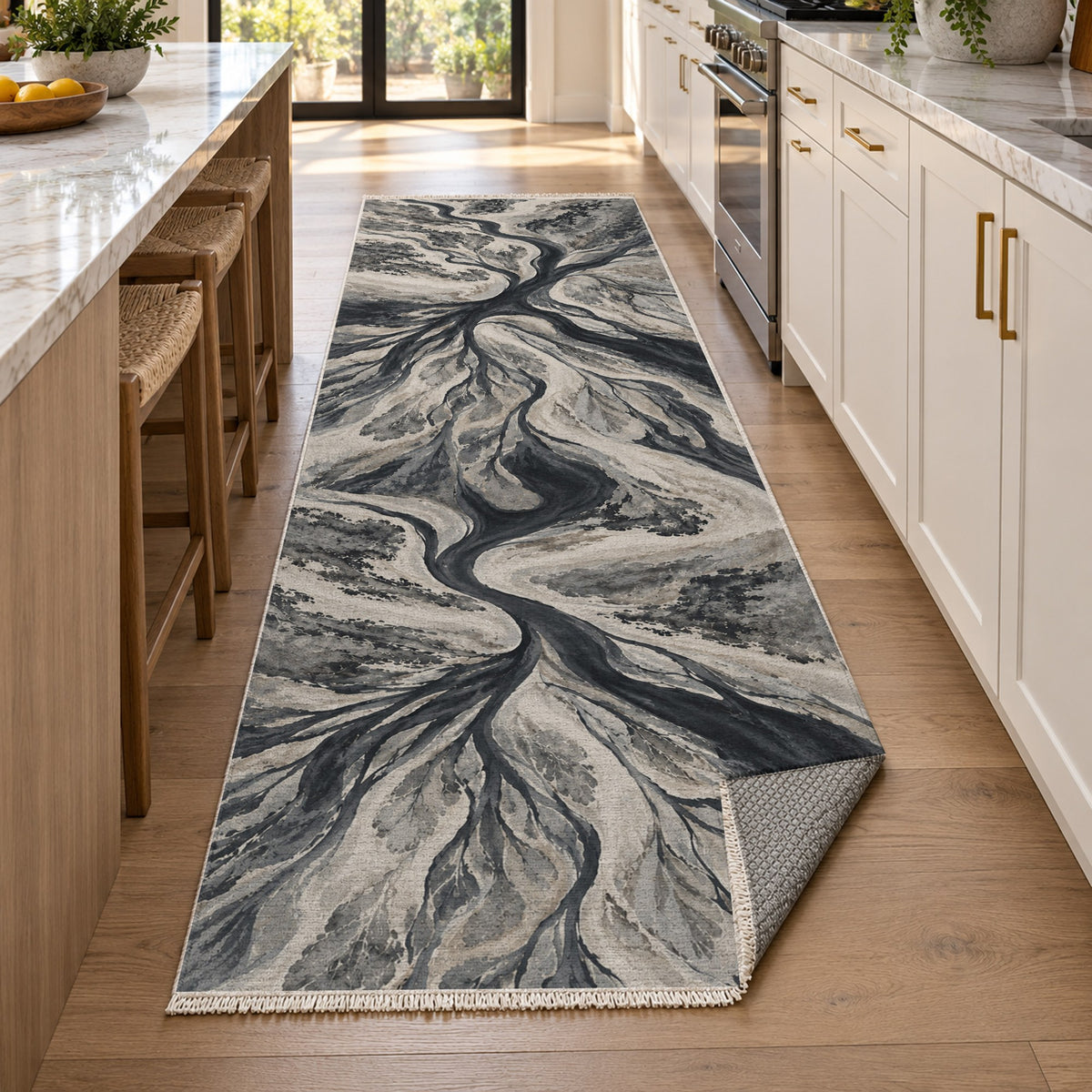 Estuary Fans Charcoal Abstract Washable Rug — new york kitchen runner