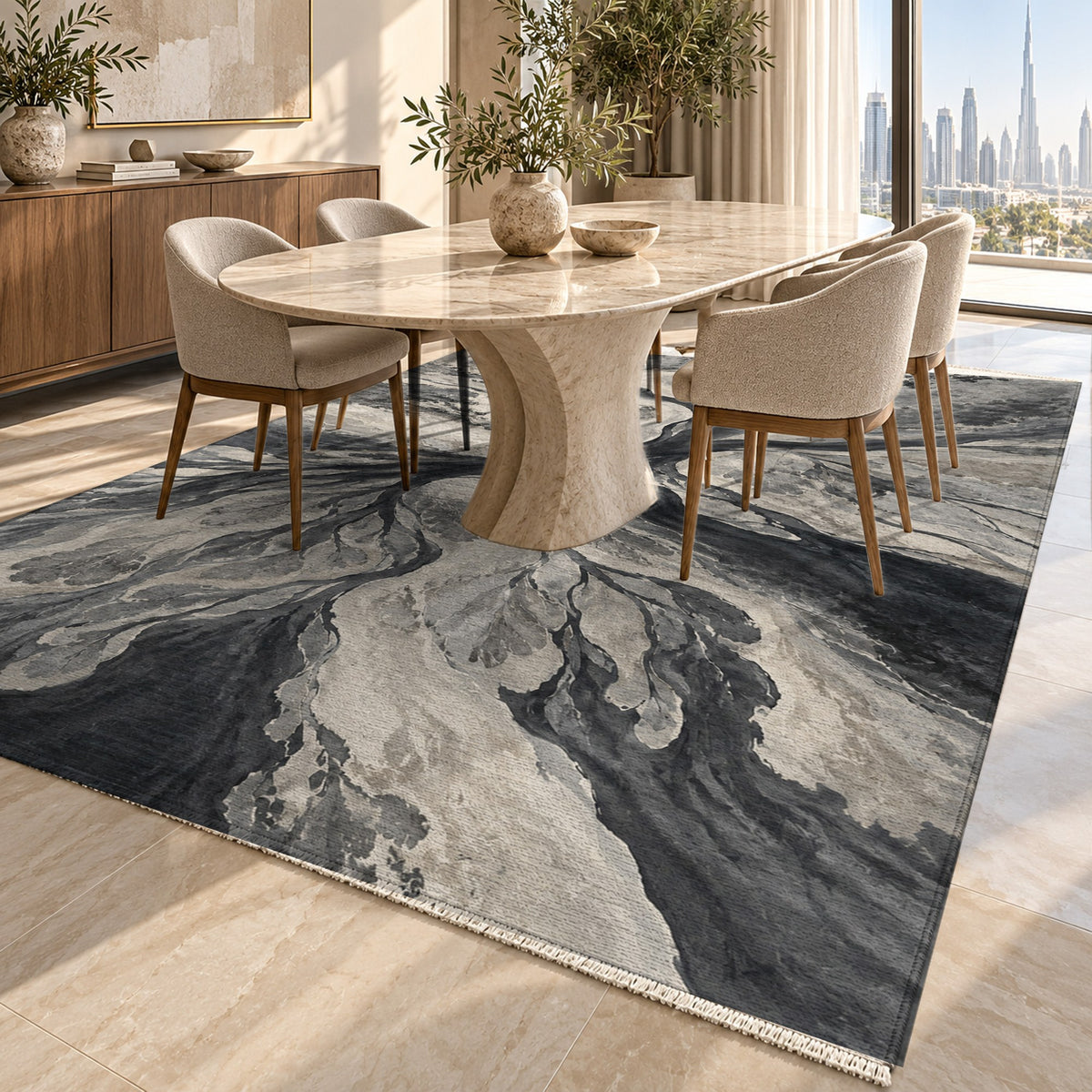 Estuary Fans Charcoal Abstract Washable Rug — dubai dining