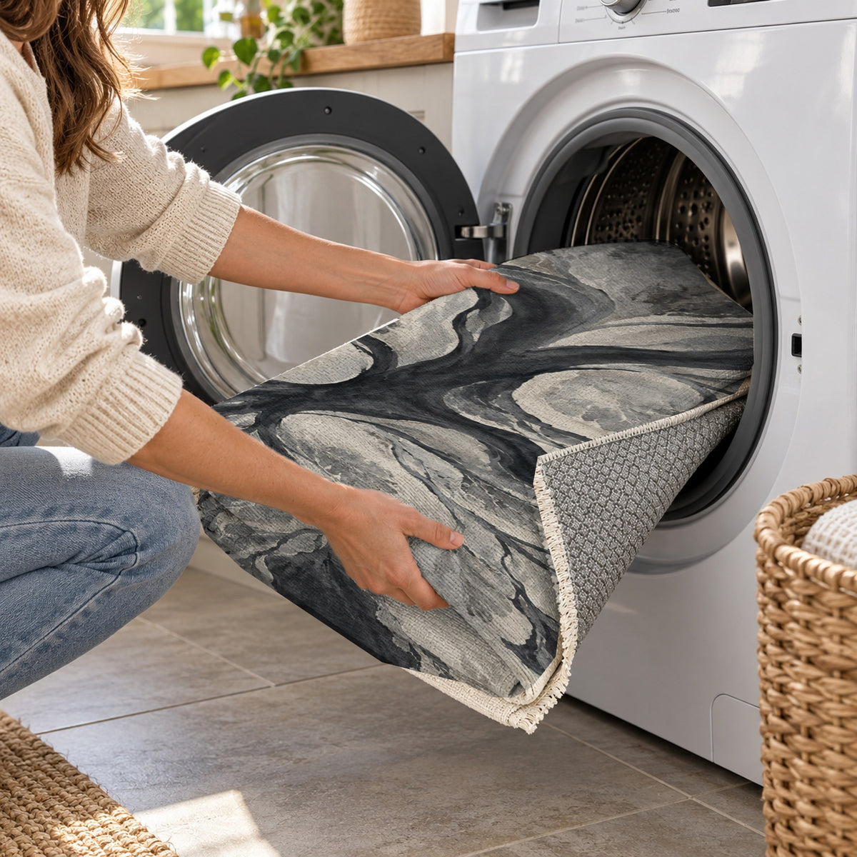 Estuary Fans Charcoal Abstract Washable Rug — washing machine