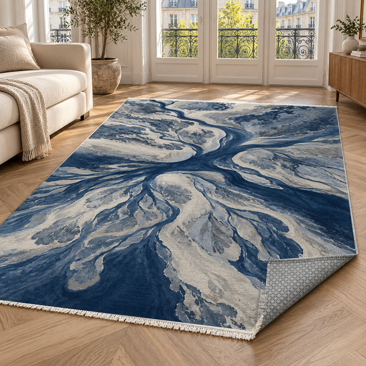 Estuary Fans Indigo Abstract Washable Rug — paris living