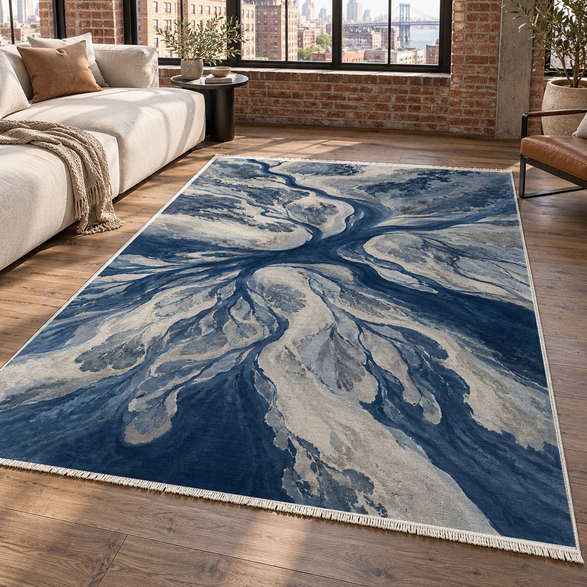 Estuary Fans Indigo Abstract Washable Rug — new york living