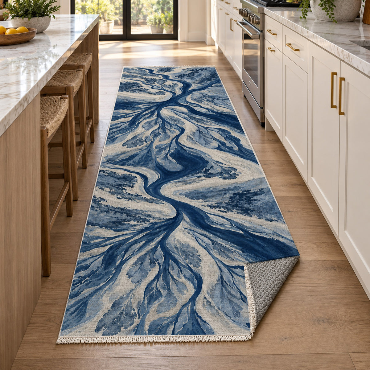 Estuary Fans Indigo Abstract Washable Rug — new york kitchen runner