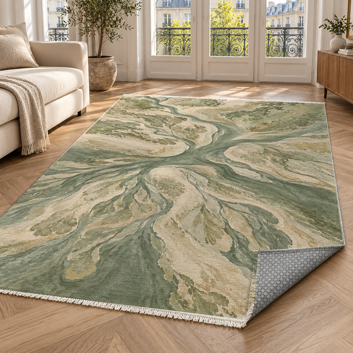 Estuary Fans Sage Abstract Washable Rug — paris living