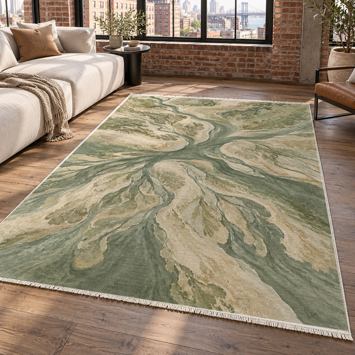 Estuary Fans Sage Abstract Washable Rug — new york living