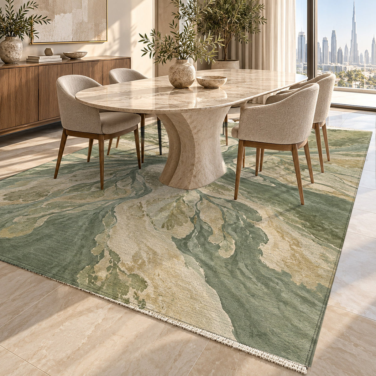 Estuary Fans Sage Abstract Washable Rug — dubai dining