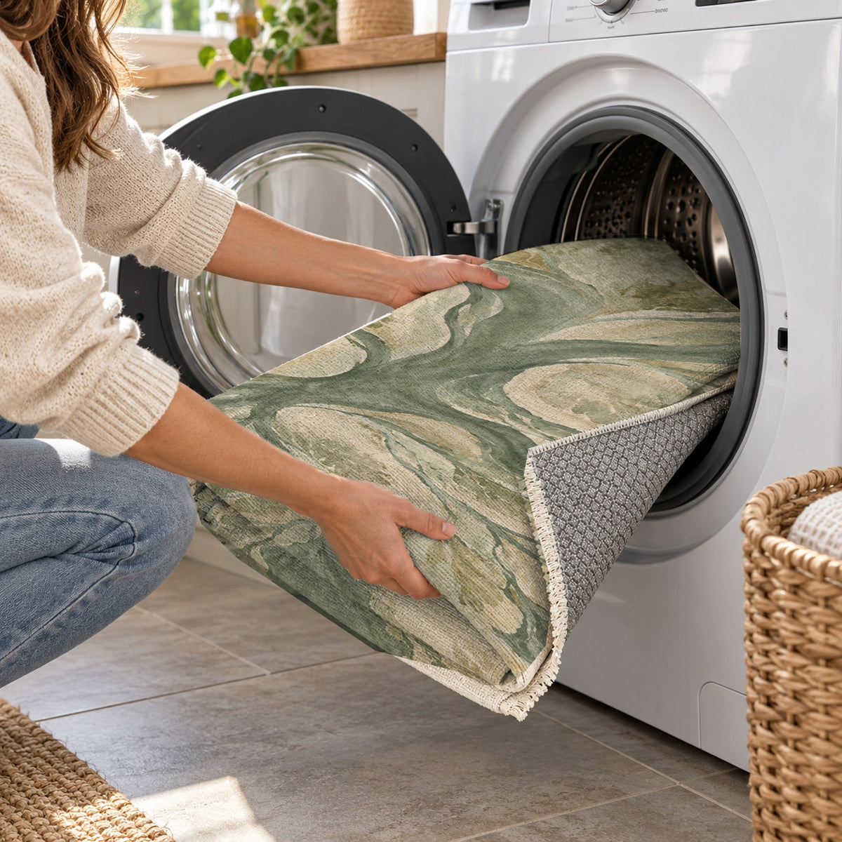 Estuary Fans Sage Abstract Washable Rug — washing machine
