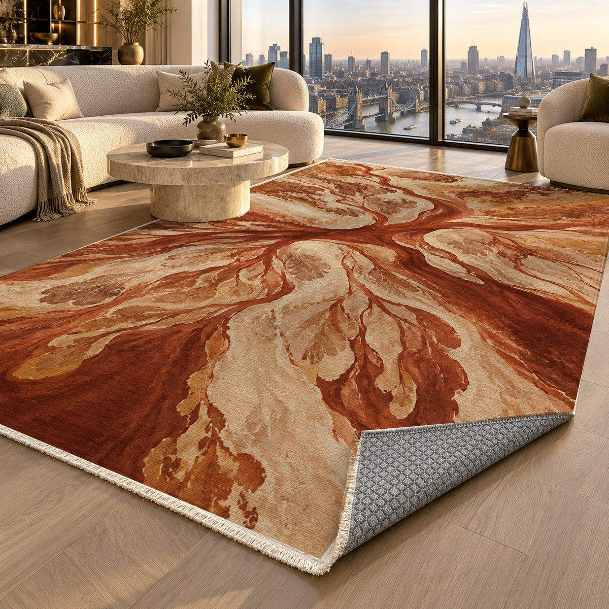 Estuary Fans Terracotta Abstract Washable Rug — london luxury living
