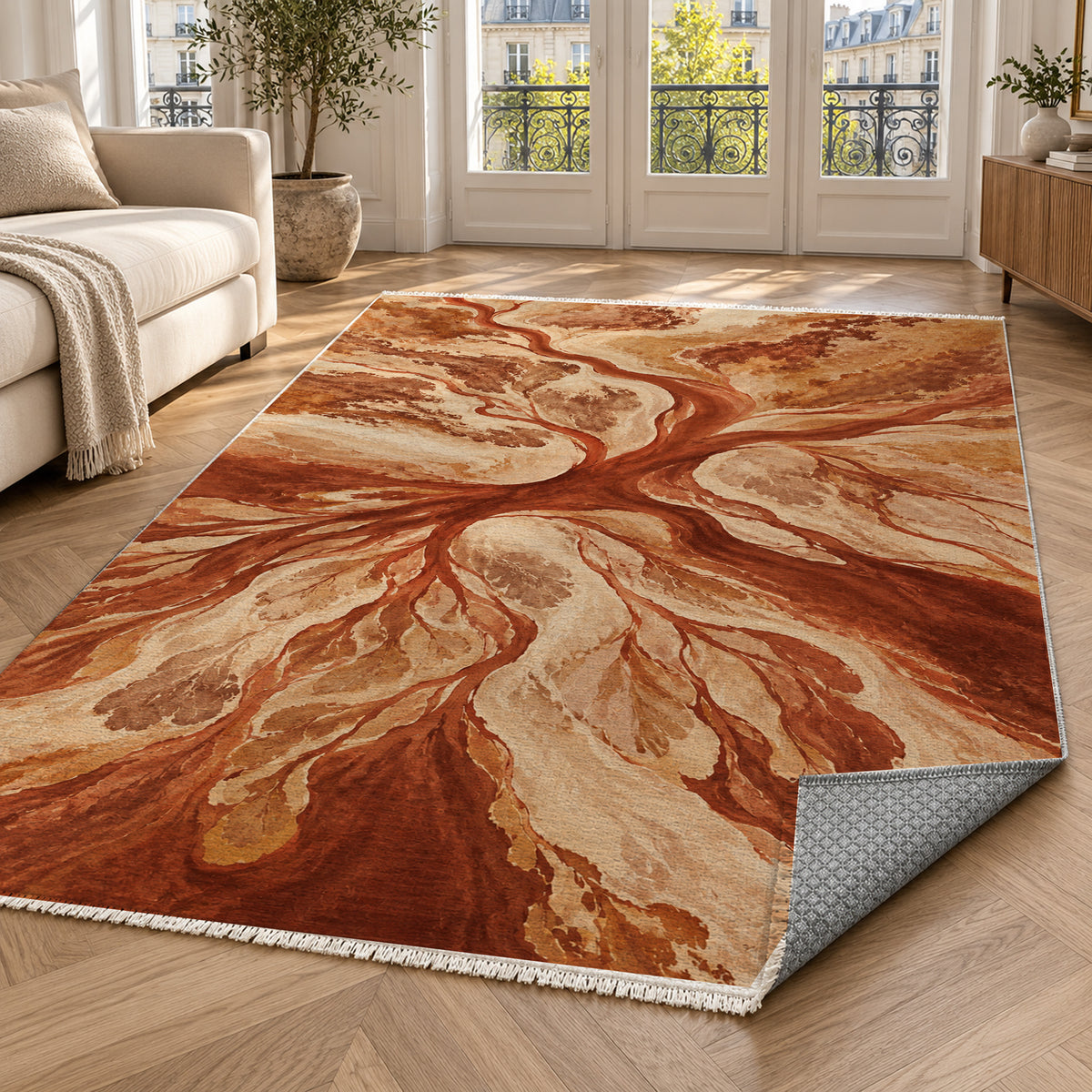 Estuary Fans Terracotta Abstract Washable Rug — paris living