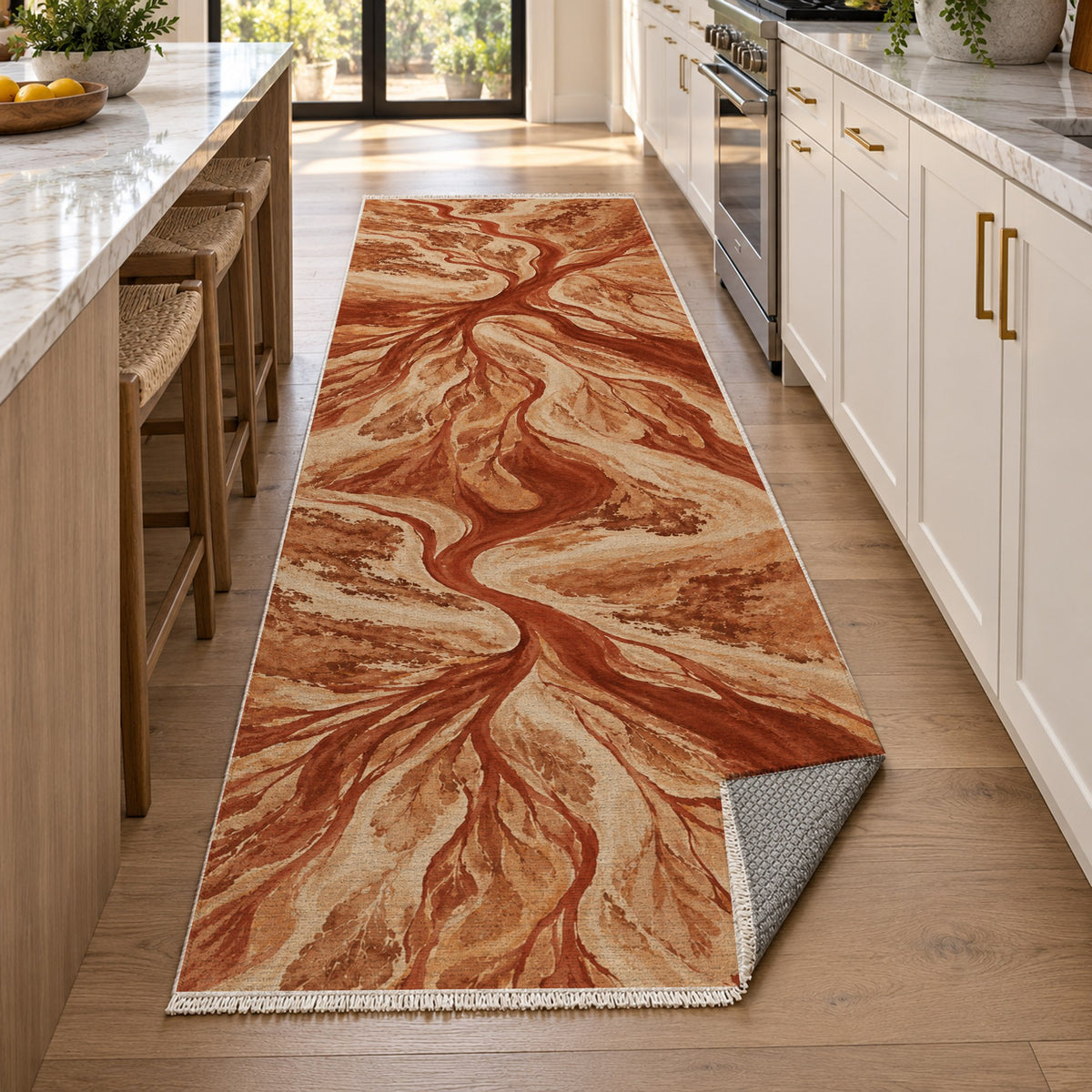 Estuary Fans Terracotta Abstract Washable Rug — new york kitchen runner