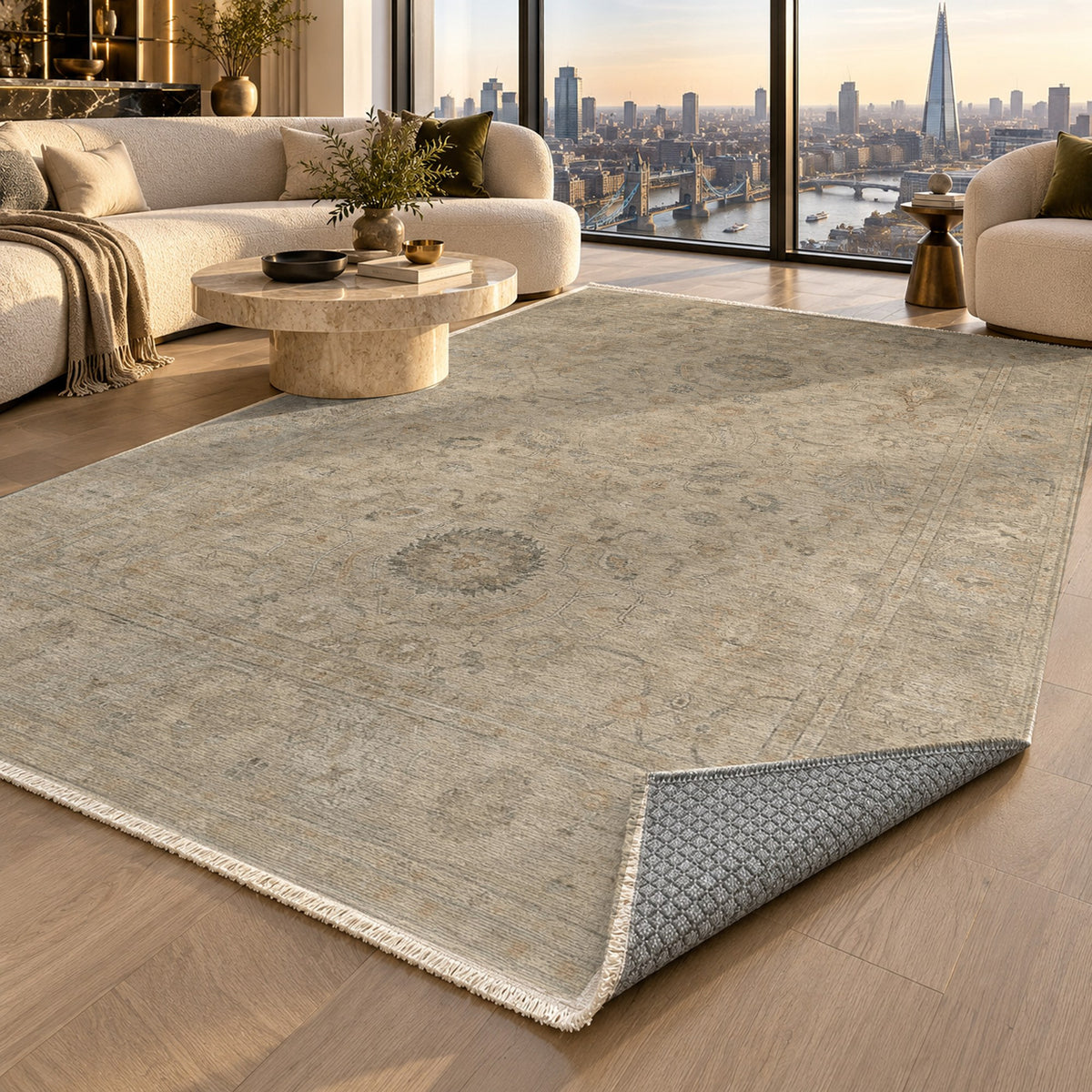 Faded Bloom Beige Vintage Washable Rug — london luxury living