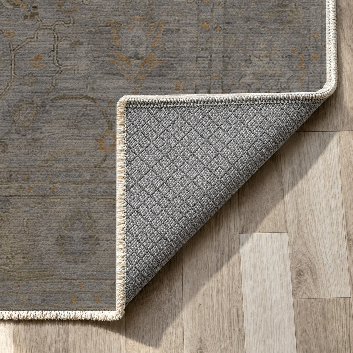 Faded Bloom Black Vintage Washable Rug — backing close up