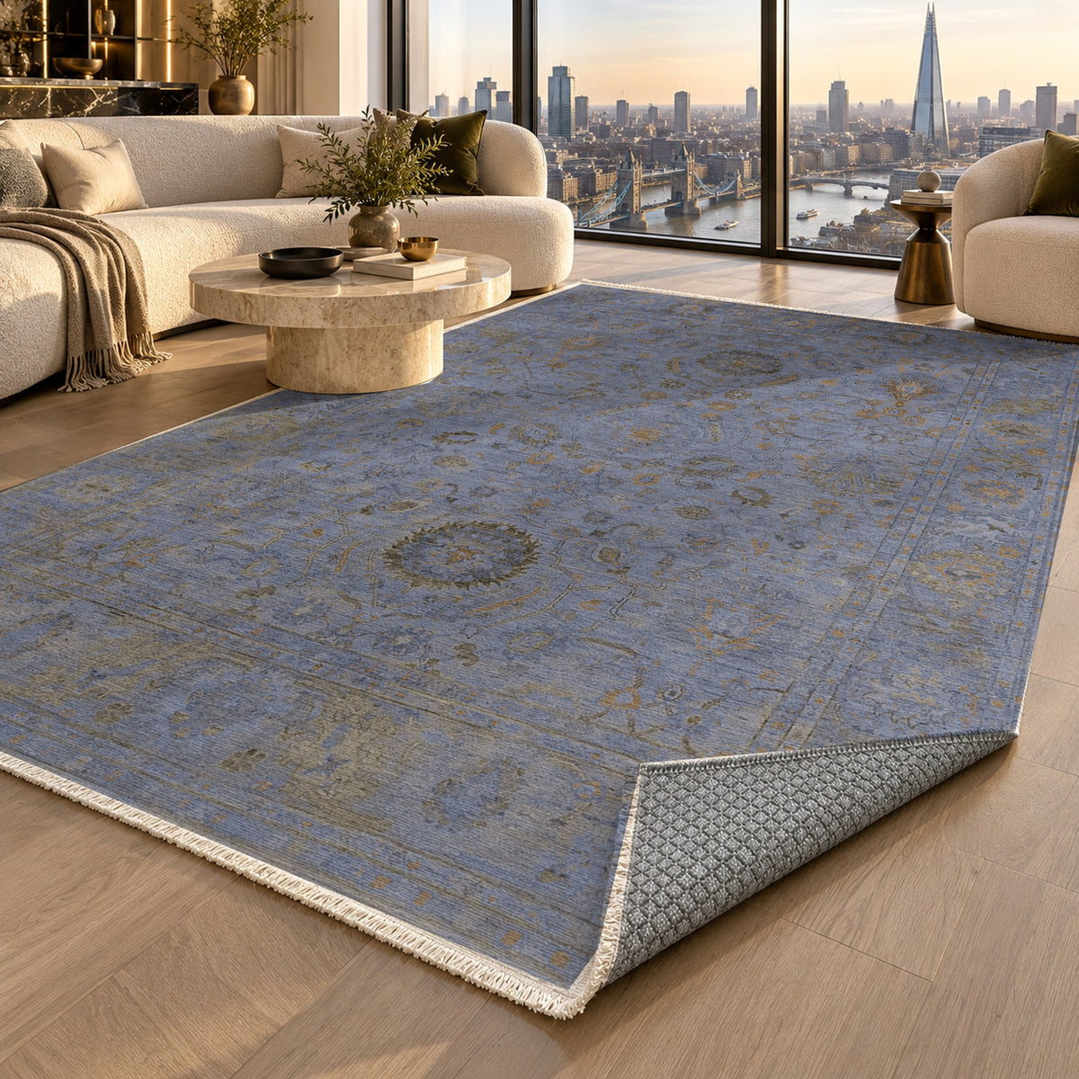 Faded Bloom Blue Vintage Washable Rug — london luxury living