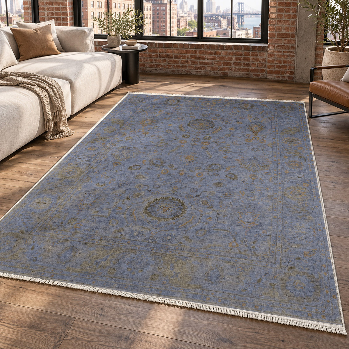 Faded Bloom Blue Vintage Washable Rug — new york living