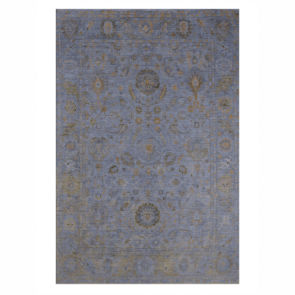 Faded Bloom Blue Vintage Washable Rug — top view