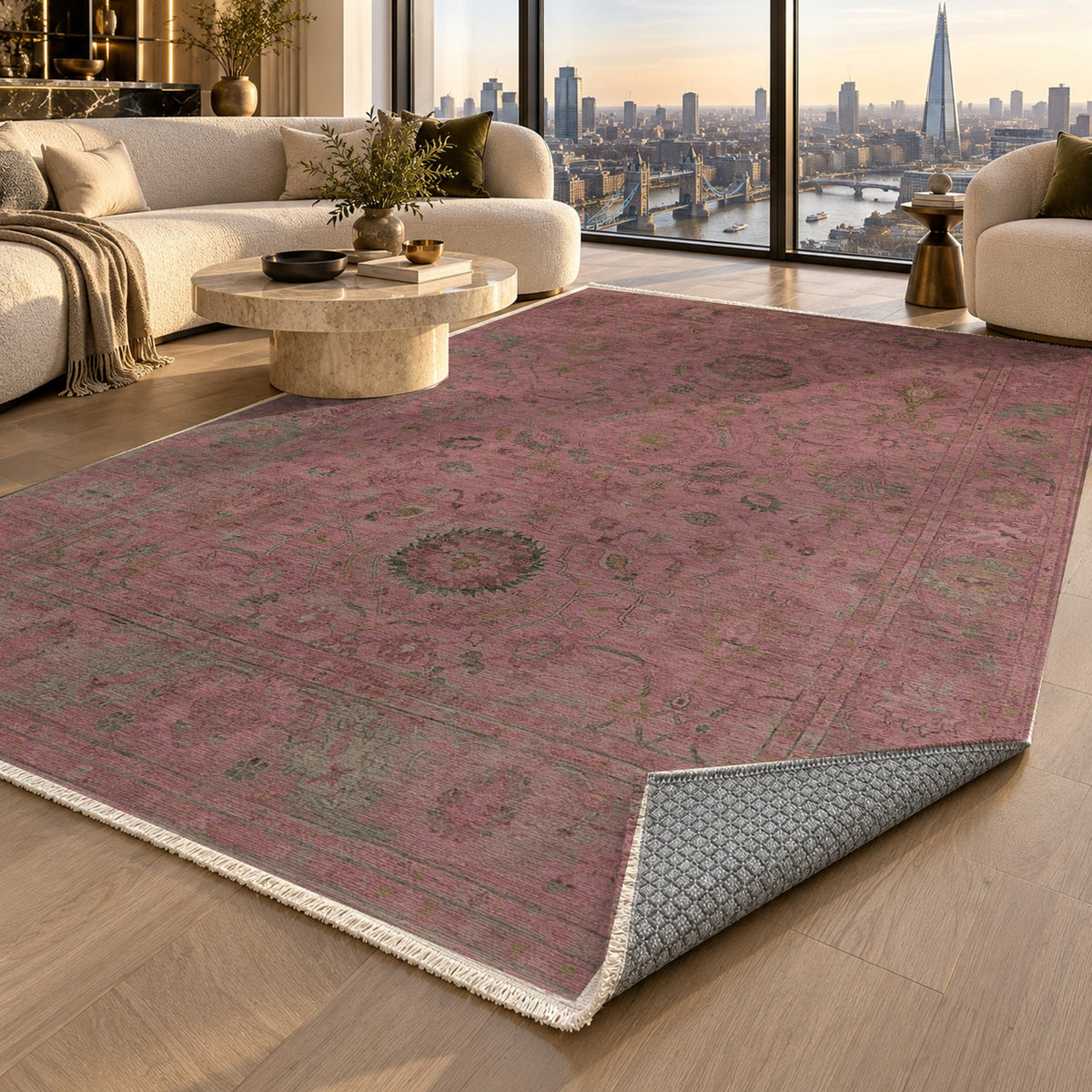 Faded Bloom Burgundy Red Vintage Washable Rug — london luxury living