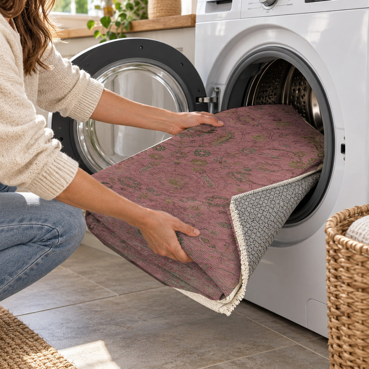 Faded Bloom Burgundy Red Vintage Washable Rug — washing machine