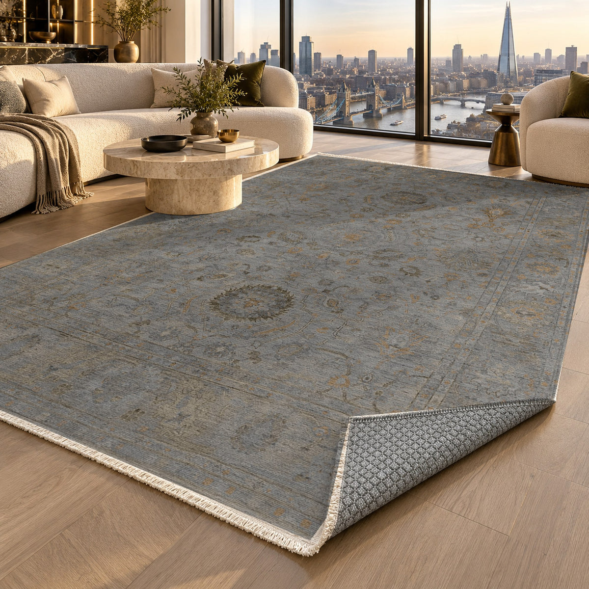 Faded Bloom Charcoal Vintage Washable Rug — london luxury living