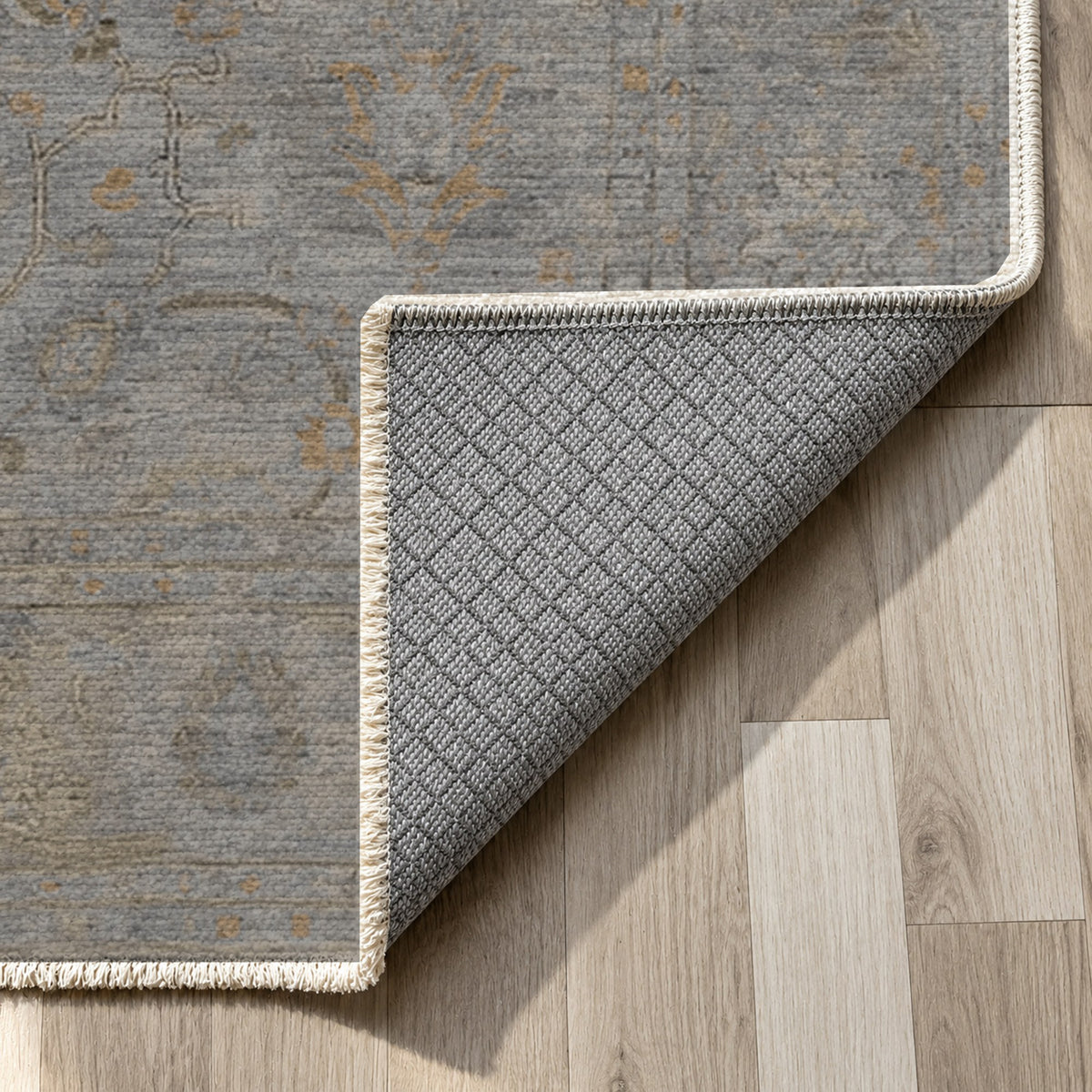 Faded Bloom Charcoal Vintage Washable Rug — backing close up