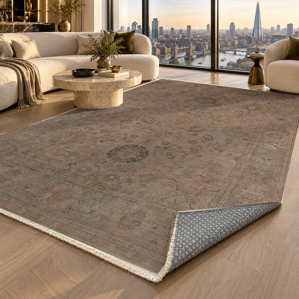 Faded Bloom Chocolate Vintage Washable Rug — london luxury living