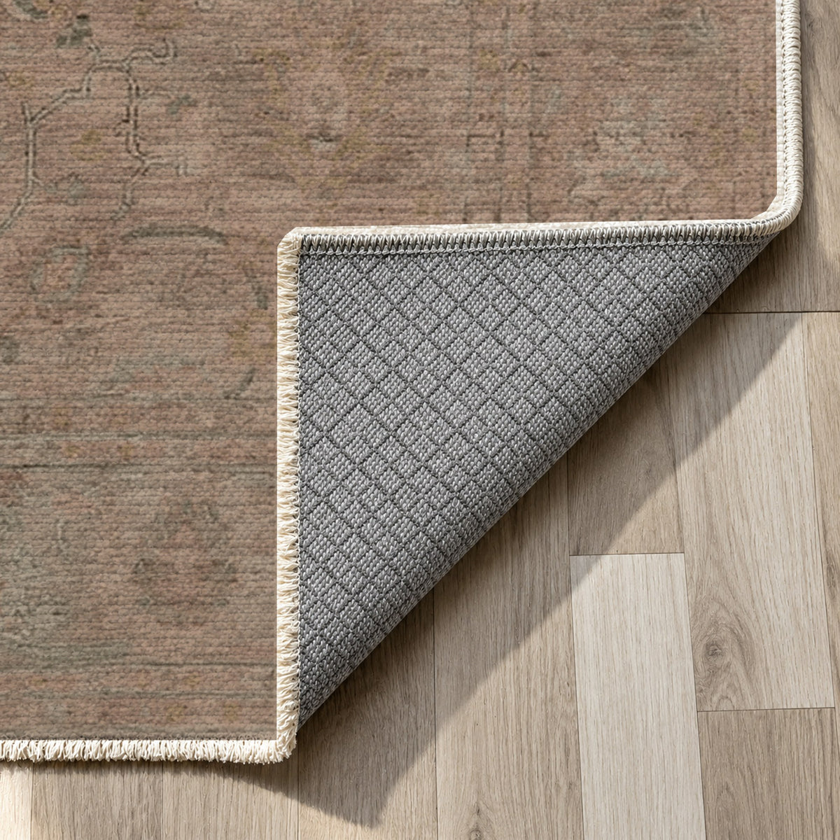 Faded Bloom Chocolate Vintage Washable Rug — backing close up