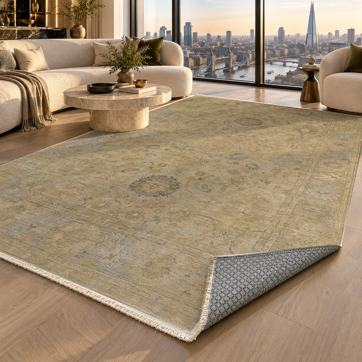 Faded Bloom Muted Gold Vintage Washable Rug — london luxury living