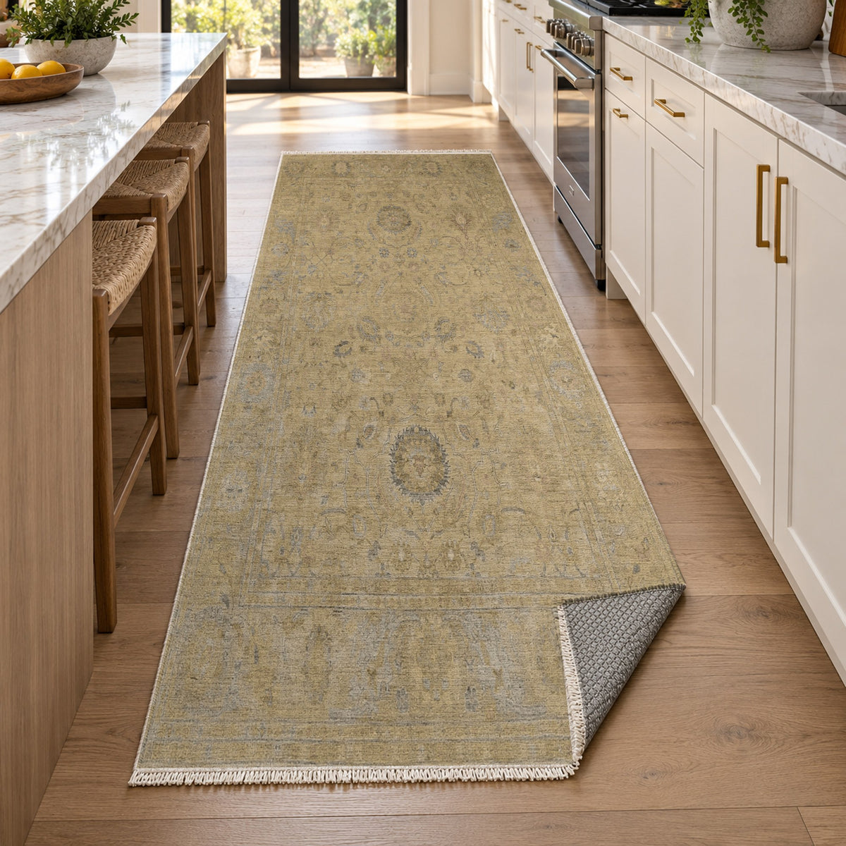 Faded Bloom Muted Gold Vintage Washable Rug — new york kitchen runner