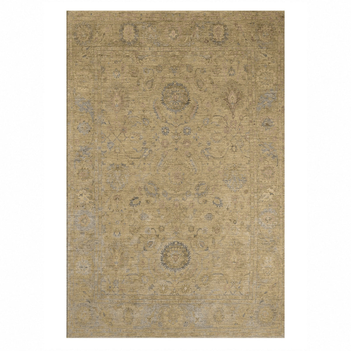 Faded Bloom Muted Gold Vintage Washable Rug — top view
