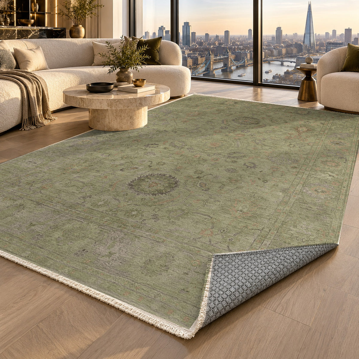 Faded Bloom Olive Vintage Washable Rug — london luxury living
