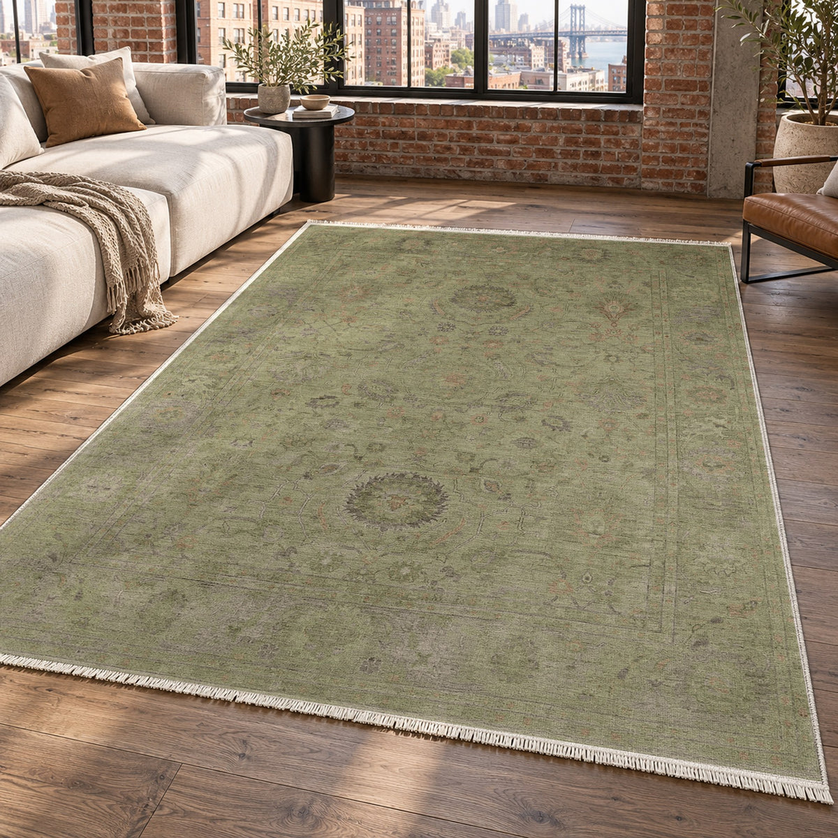Faded Bloom Olive Vintage Washable Rug — new york living