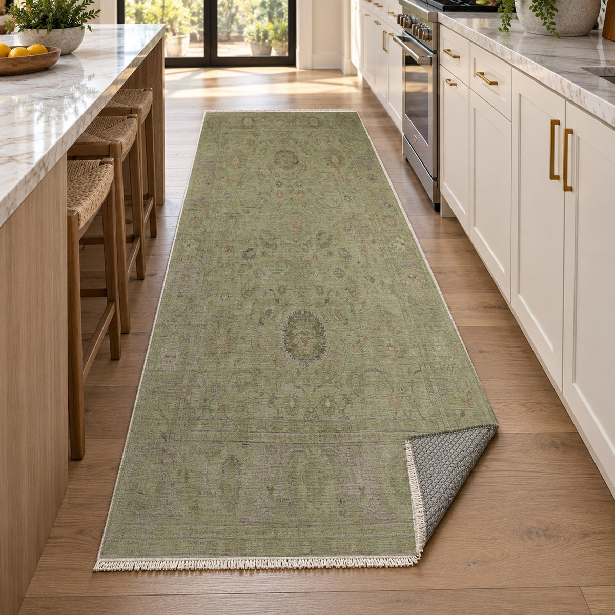 Faded Bloom Olive Vintage Washable Rug — new york kitchen runner