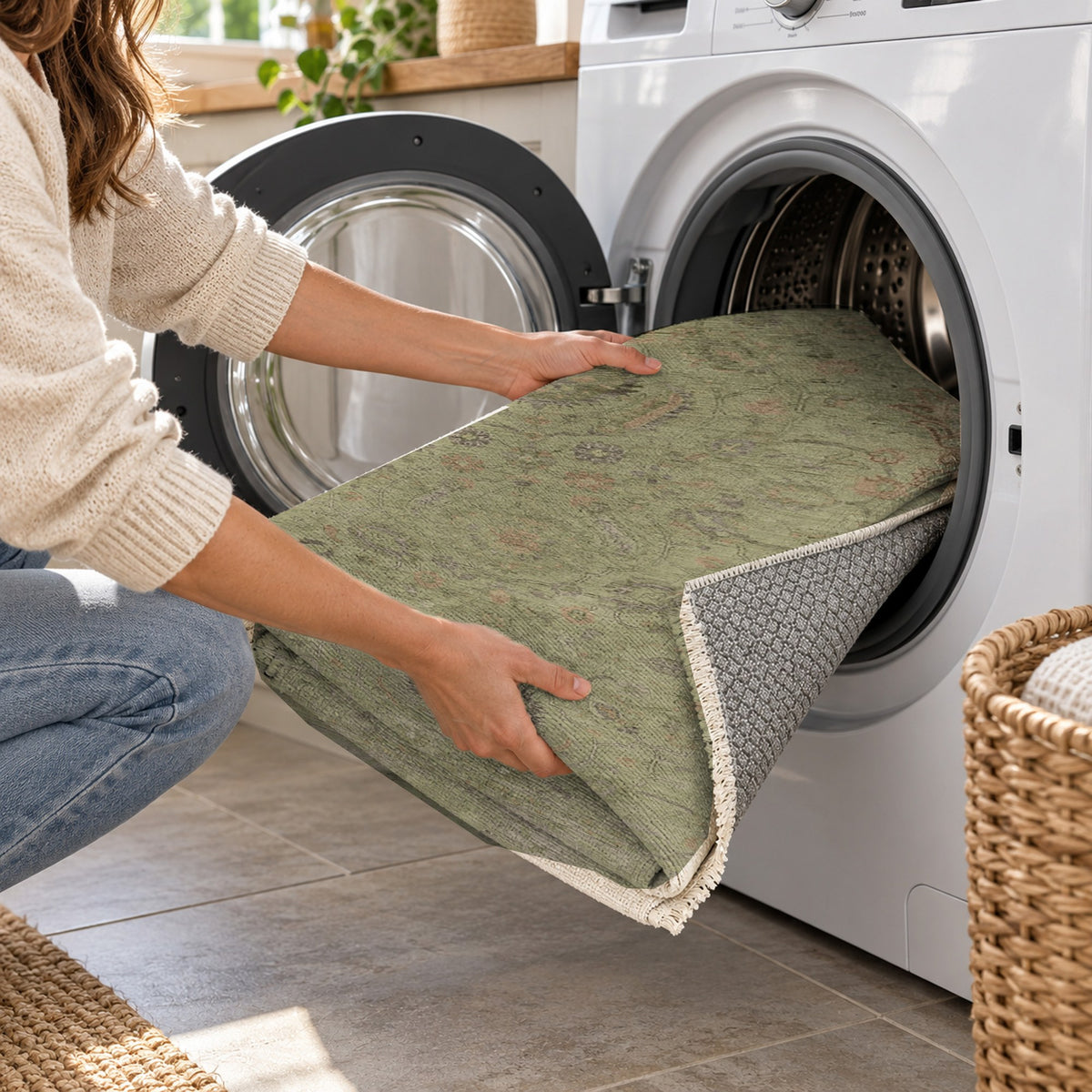 Faded Bloom Olive Vintage Washable Rug — washing machine