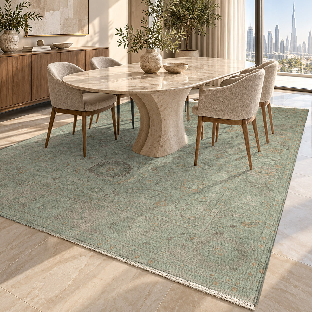 Faded Bloom Sage Vintage Washable Rug — dubai dining