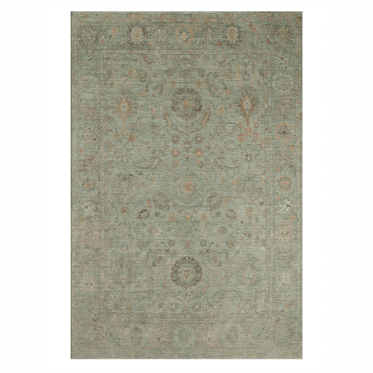 Faded Bloom Sage Vintage Washable Rug — top view