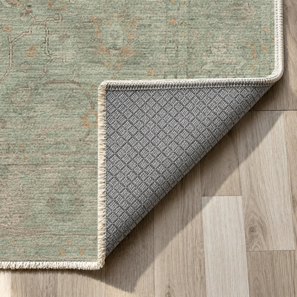 Faded Bloom Sage Vintage Washable Rug — backing close up