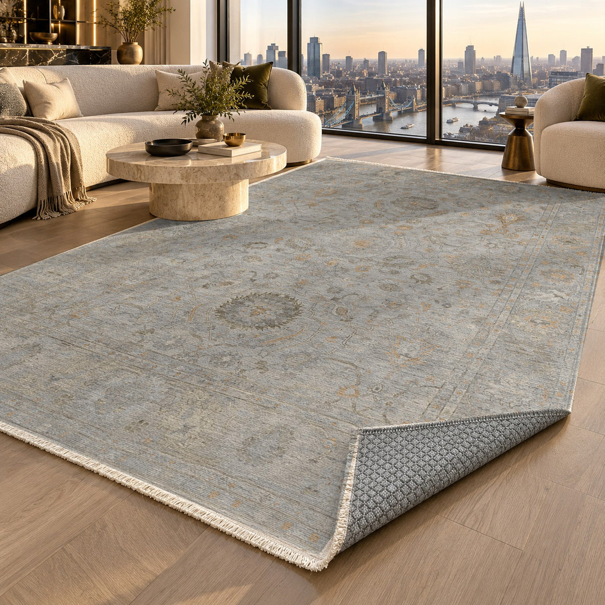 Faded Bloom Silver Grey Vintage Washable Rug — london luxury living