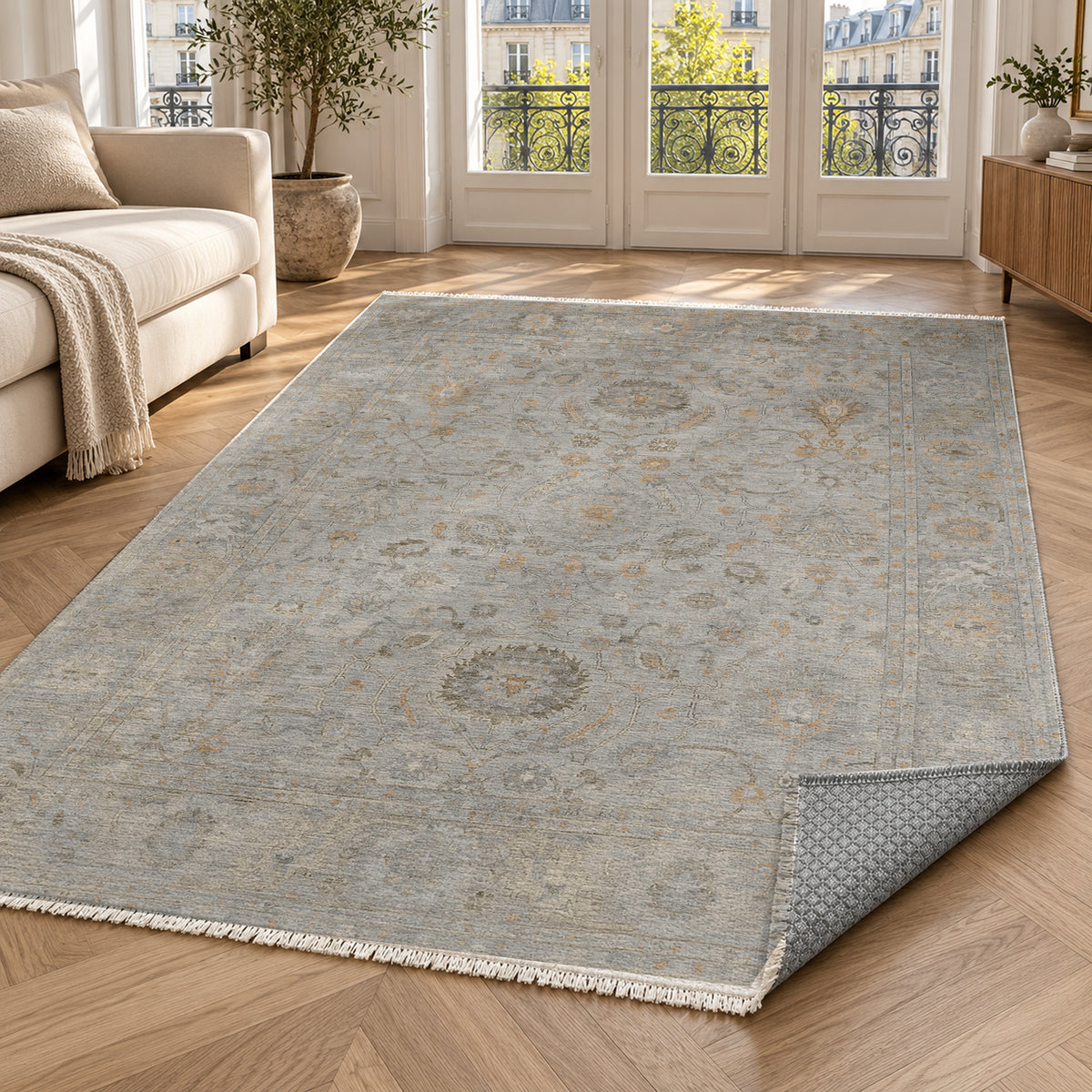 Faded Bloom Silver Grey Vintage Washable Rug — paris living