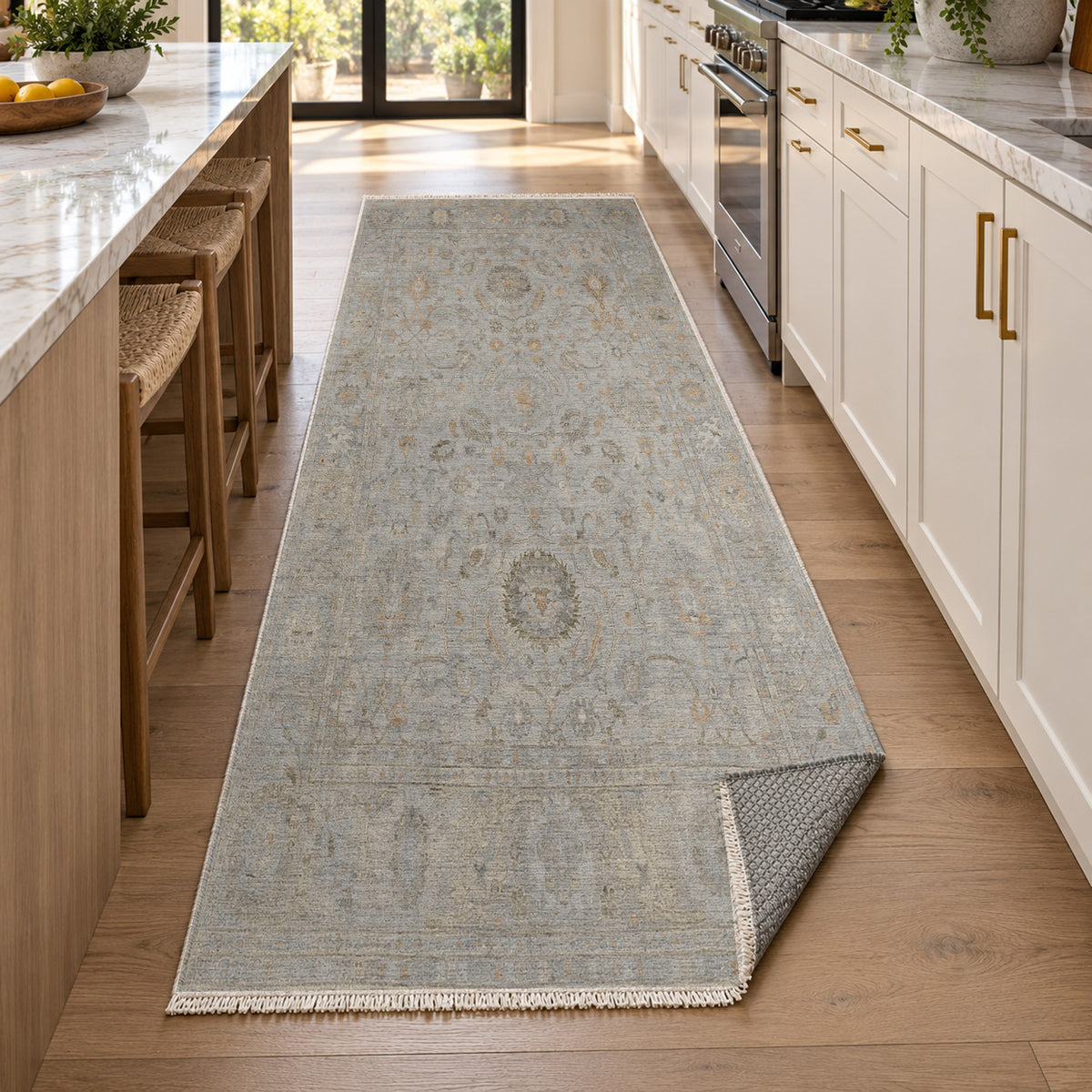 Faded Bloom Silver Grey Vintage Washable Rug — new york kitchen runner