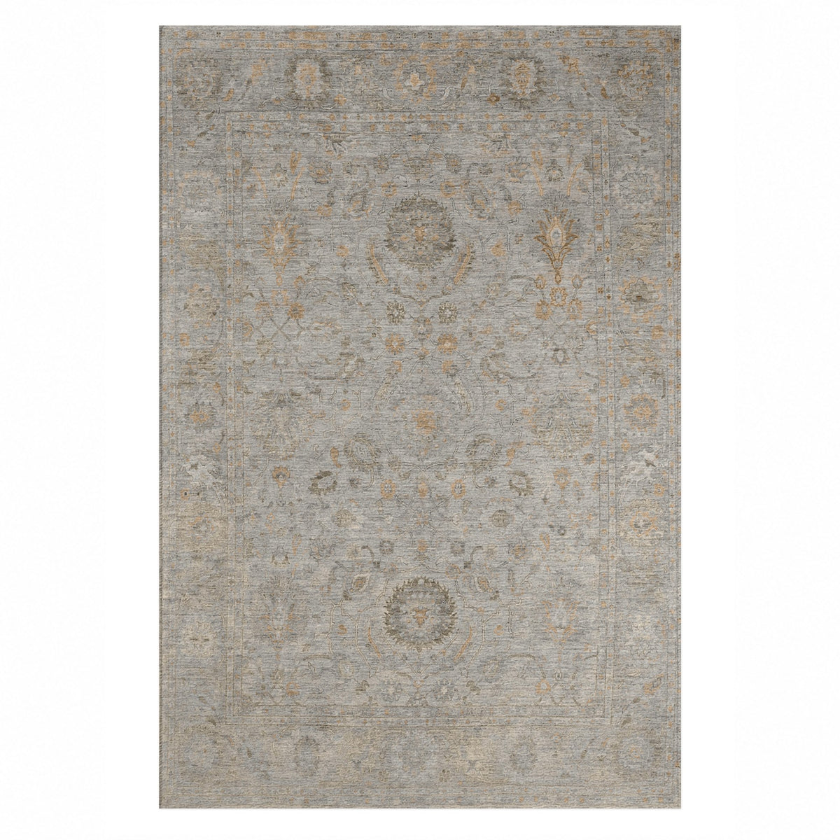 Faded Bloom Silver Grey Vintage Washable Rug — top view