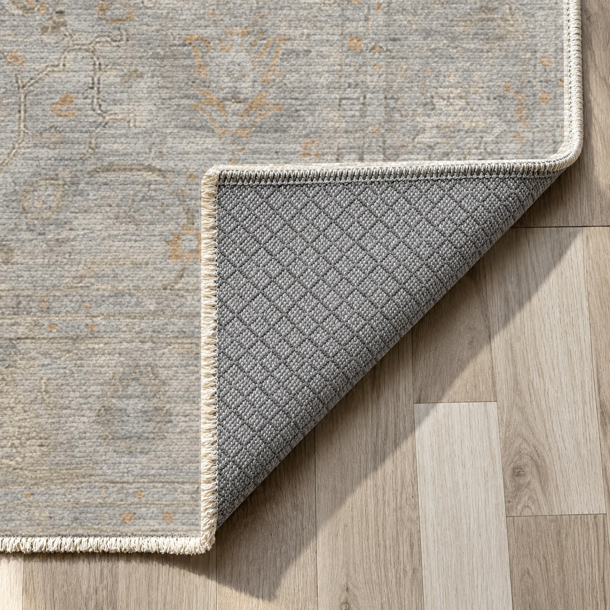 Faded Bloom Silver Grey Vintage Washable Rug — backing close up