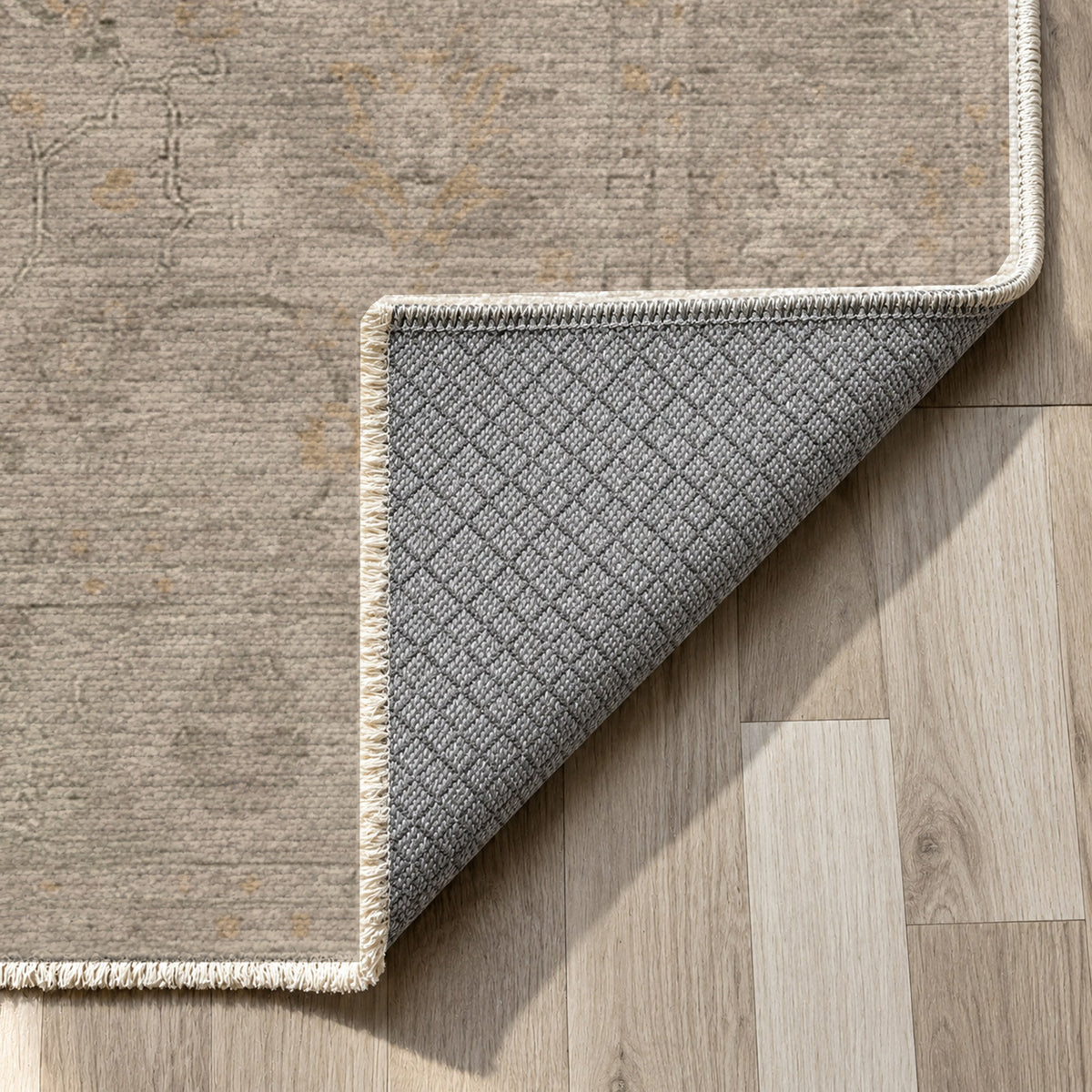 Faded Bloom Taupe Vintage Washable Rug — backing close up