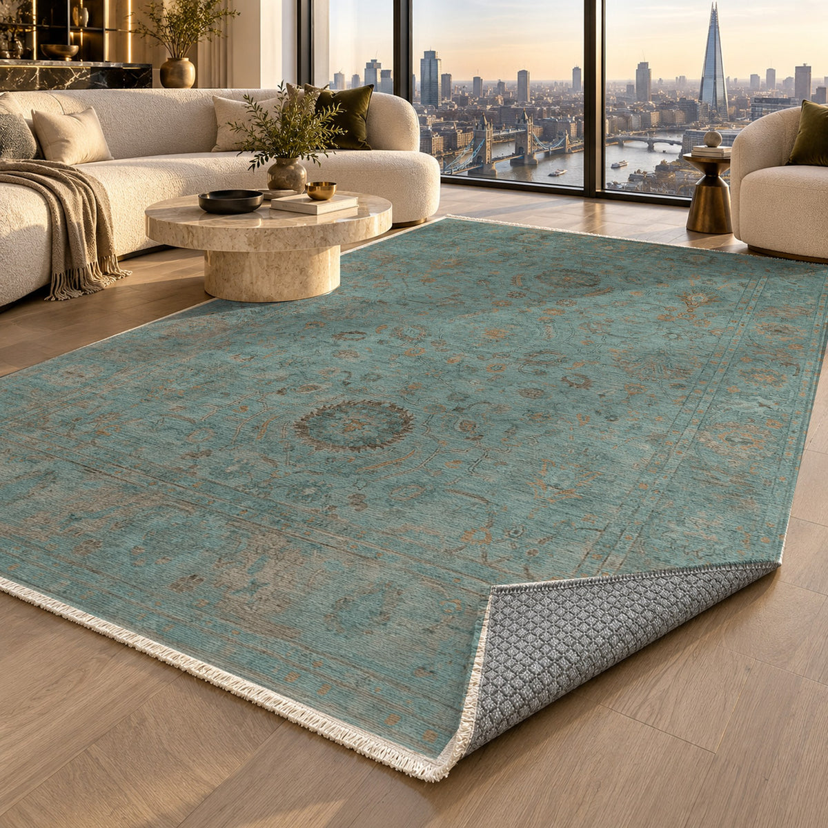 Faded Bloom Teal Vintage Washable Rug — london luxury living
