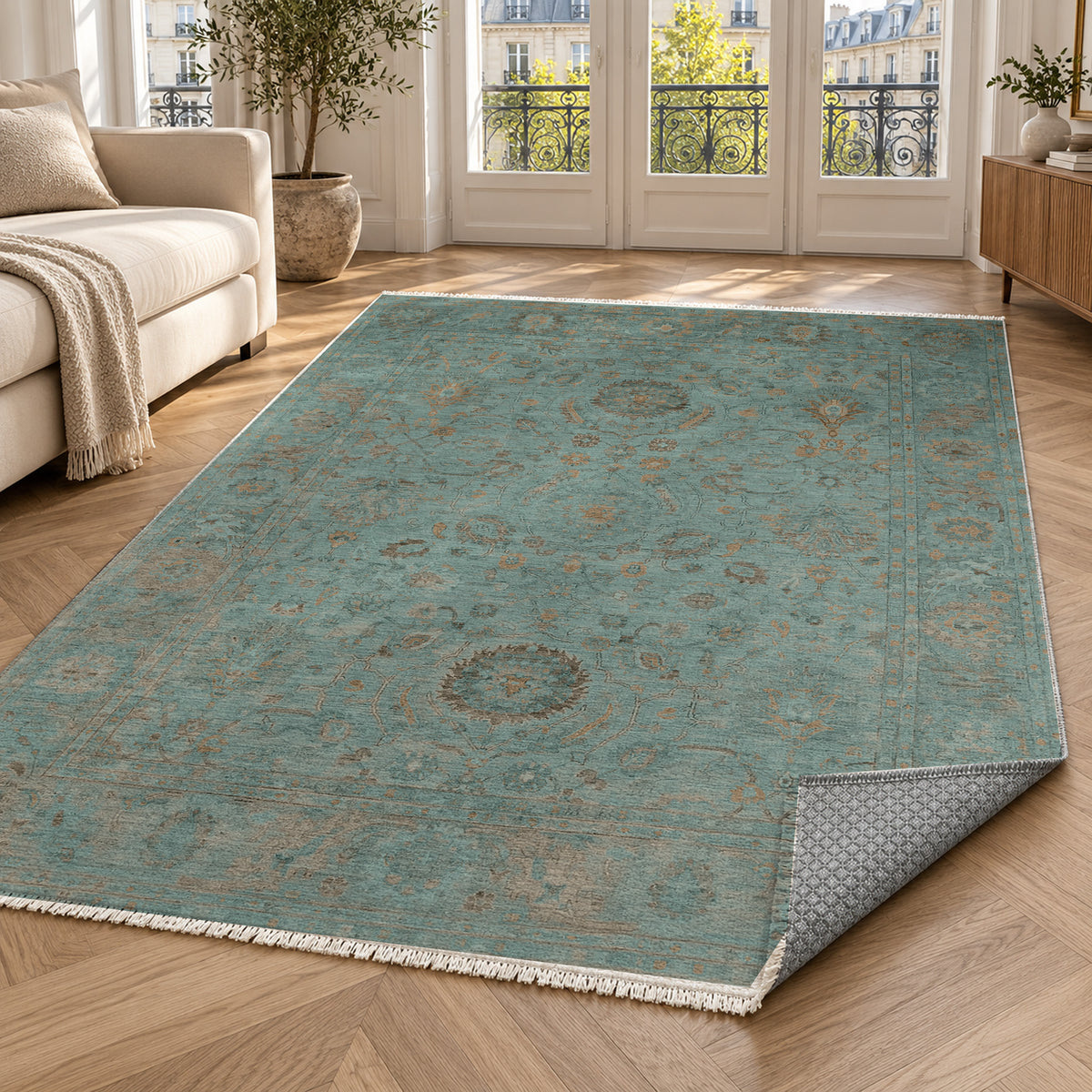 Faded Bloom Teal Vintage Washable Rug — paris living