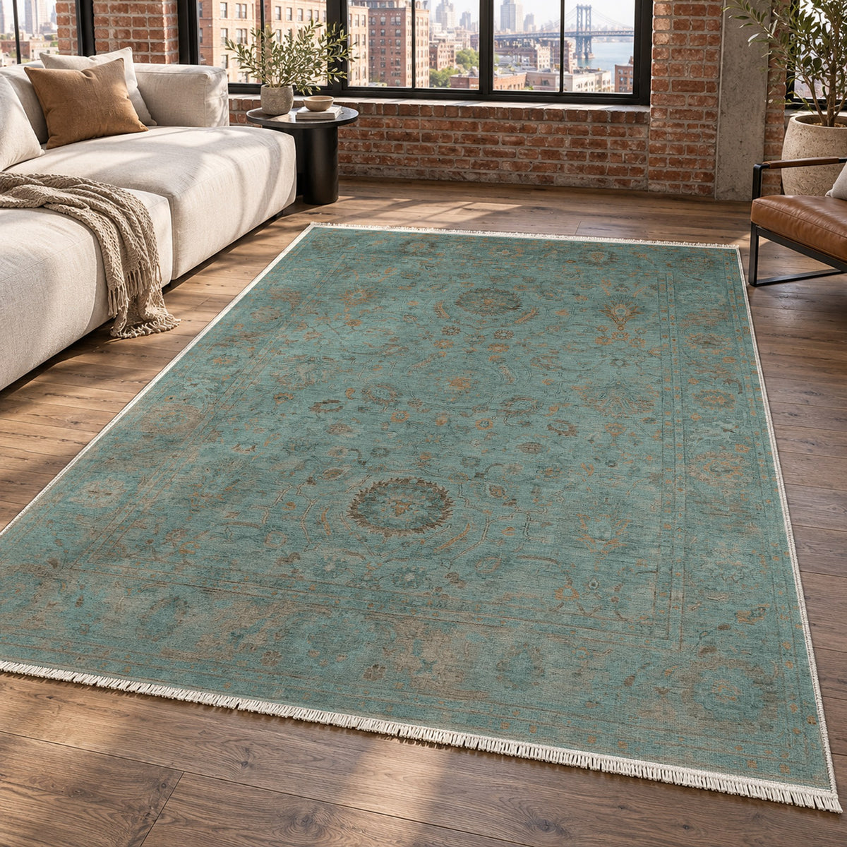 Faded Bloom Teal Vintage Washable Rug — new york living