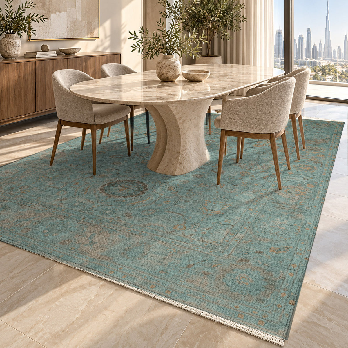 Faded Bloom Teal Vintage Washable Rug — dubai dining