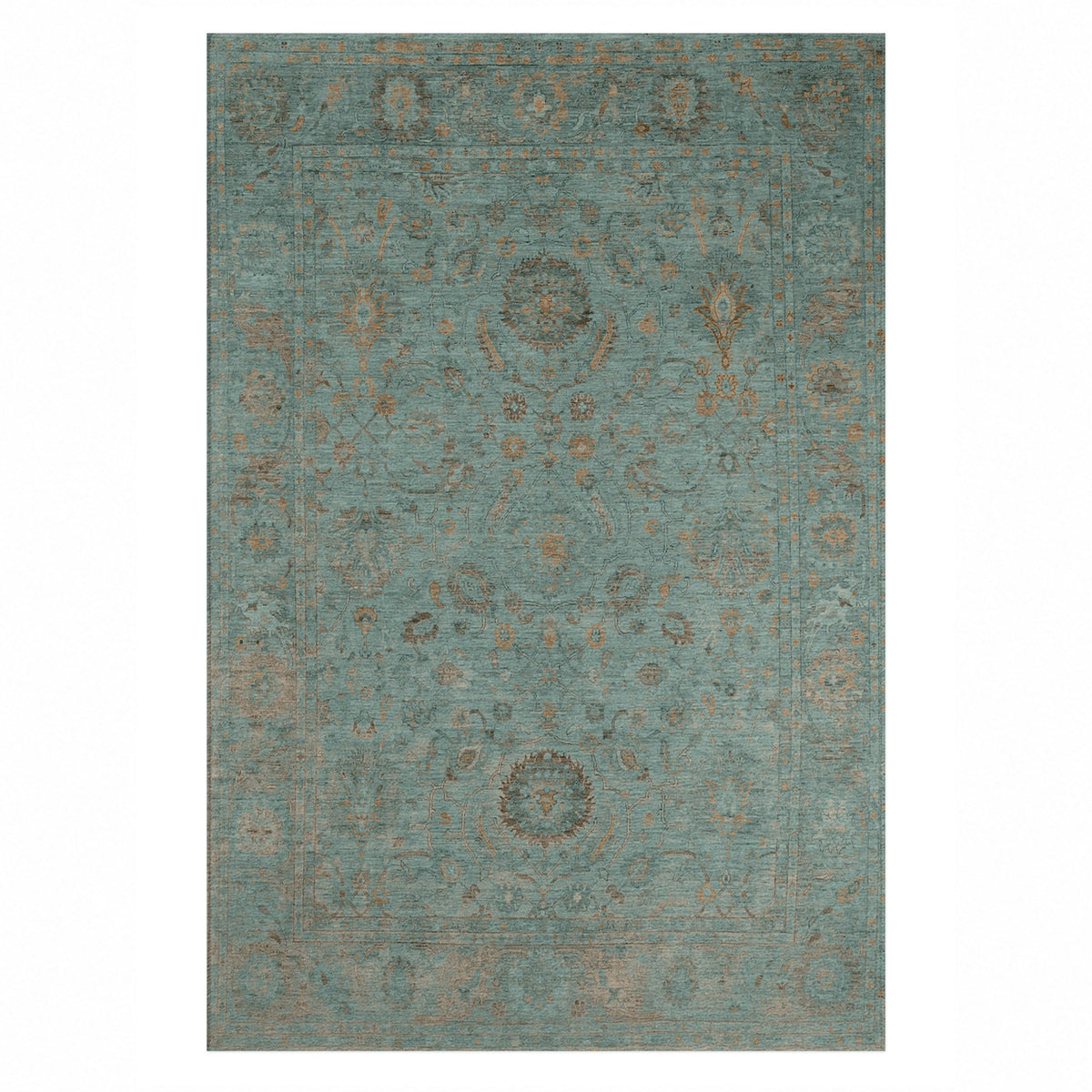 Faded Bloom Teal Vintage Washable Rug — top view