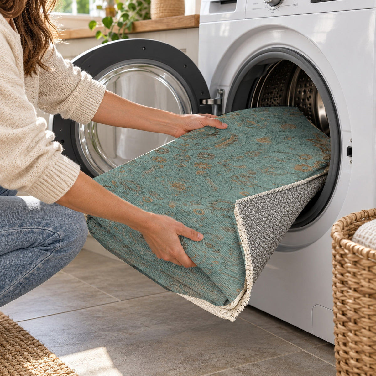 Faded Bloom Teal Vintage Washable Rug — washing machine