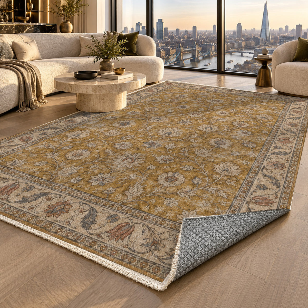 Faded Floral Antique Gold Vintage Washable Rug — london luxury living