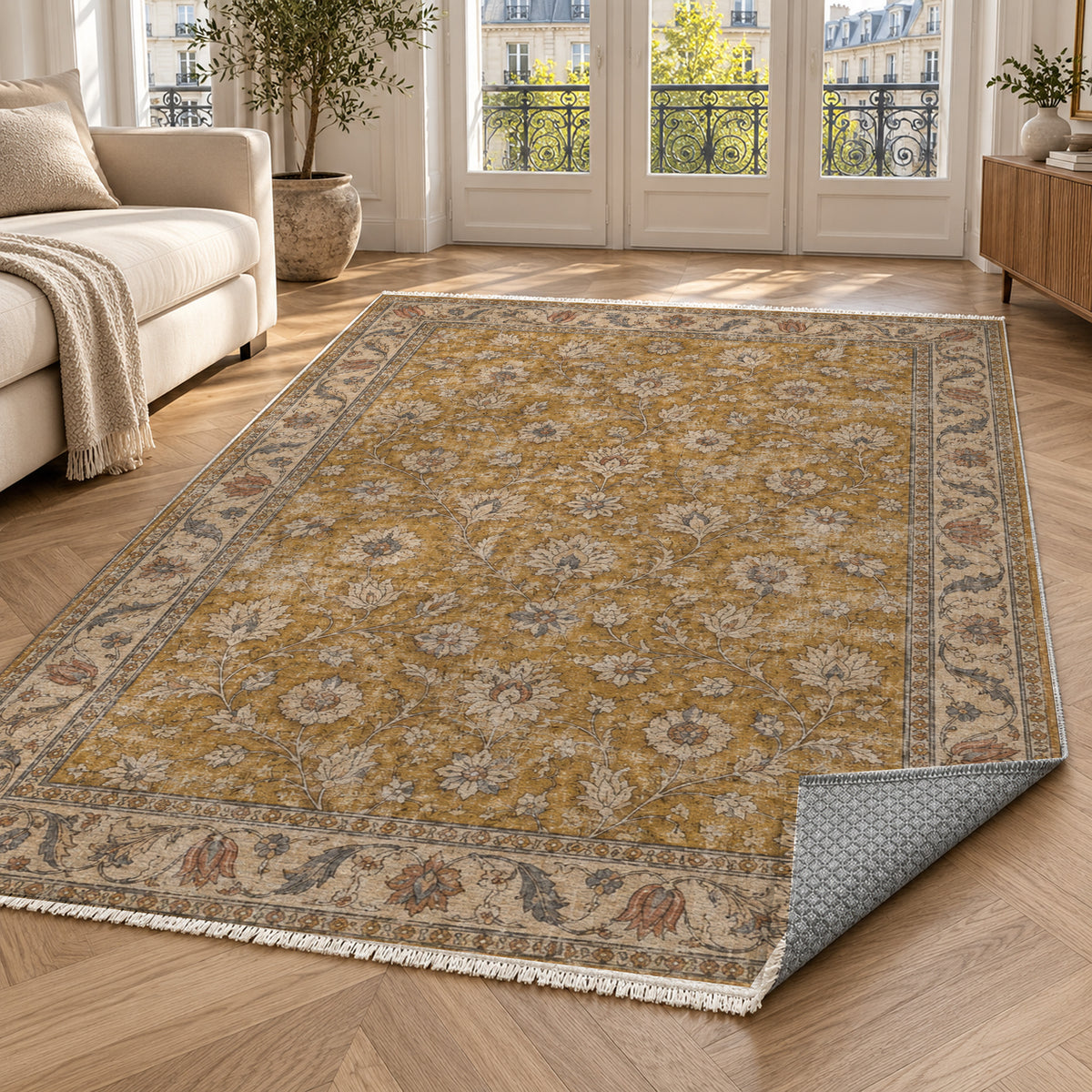 Faded Floral Antique Gold Vintage Washable Rug — paris living