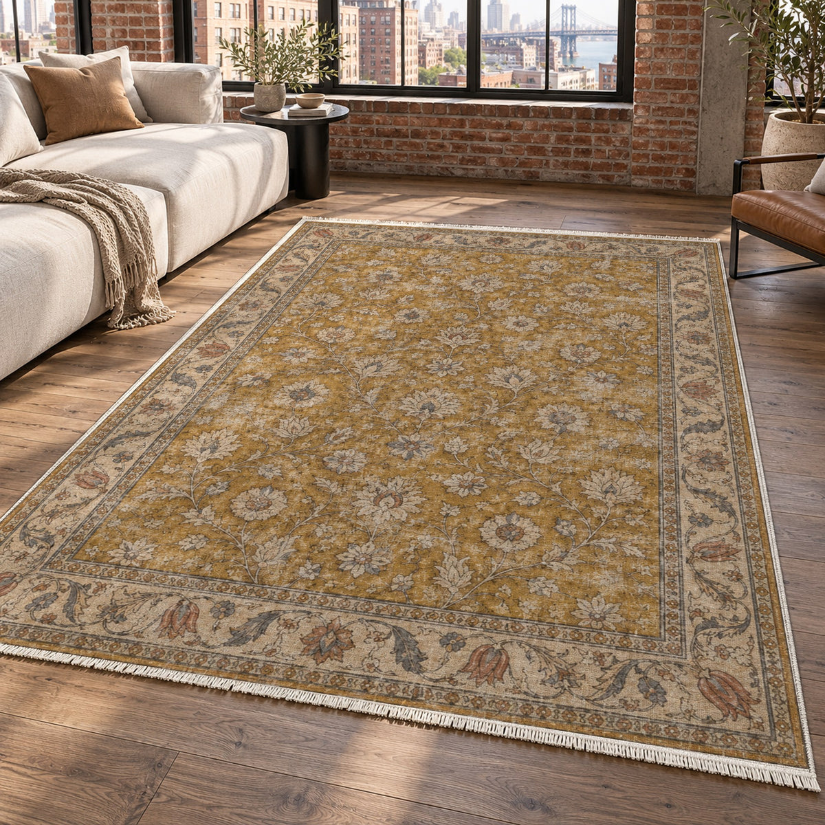 Faded Floral Antique Gold Vintage Washable Rug — new york living