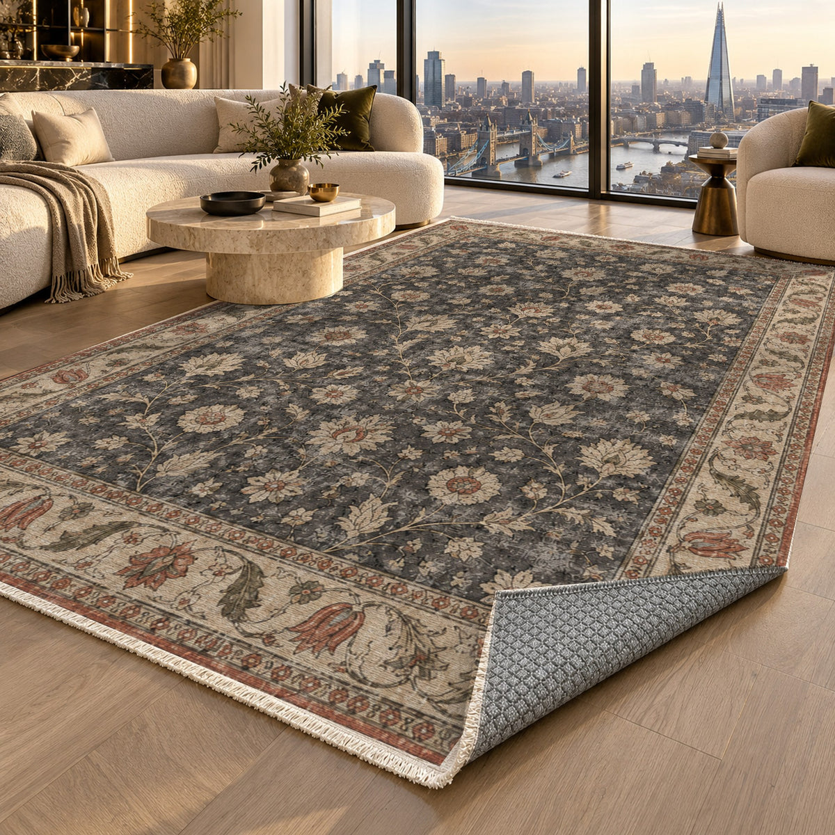 Faded Floral Black Vintage Washable Rug — london luxury living